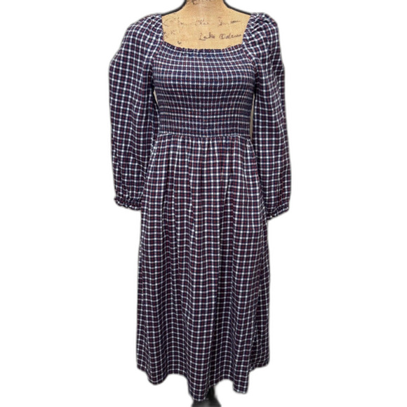 NWT J. Crew Flannel Smocked Square Neck Dress Red Blue Plaid Size Medium Petite - Picture 2 of 7